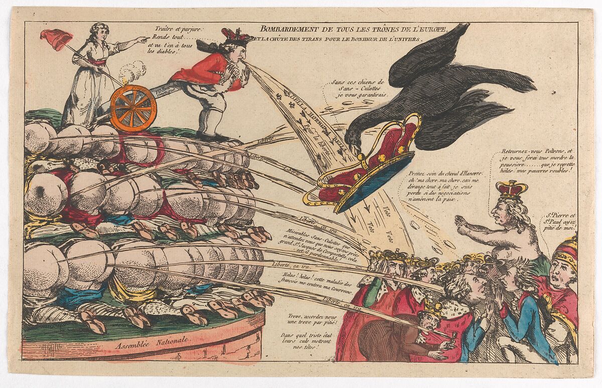 The Bombardment of All the Thrones of Europe and the Fall of the Tyrants for the Happiness of the Universe (Bombardement de Tous les Trônes de l'Europe et la Chûte des Tyrans pour la Bonheur de l'Univers), Anonymous, French, 18th century, Hand-colored etching 