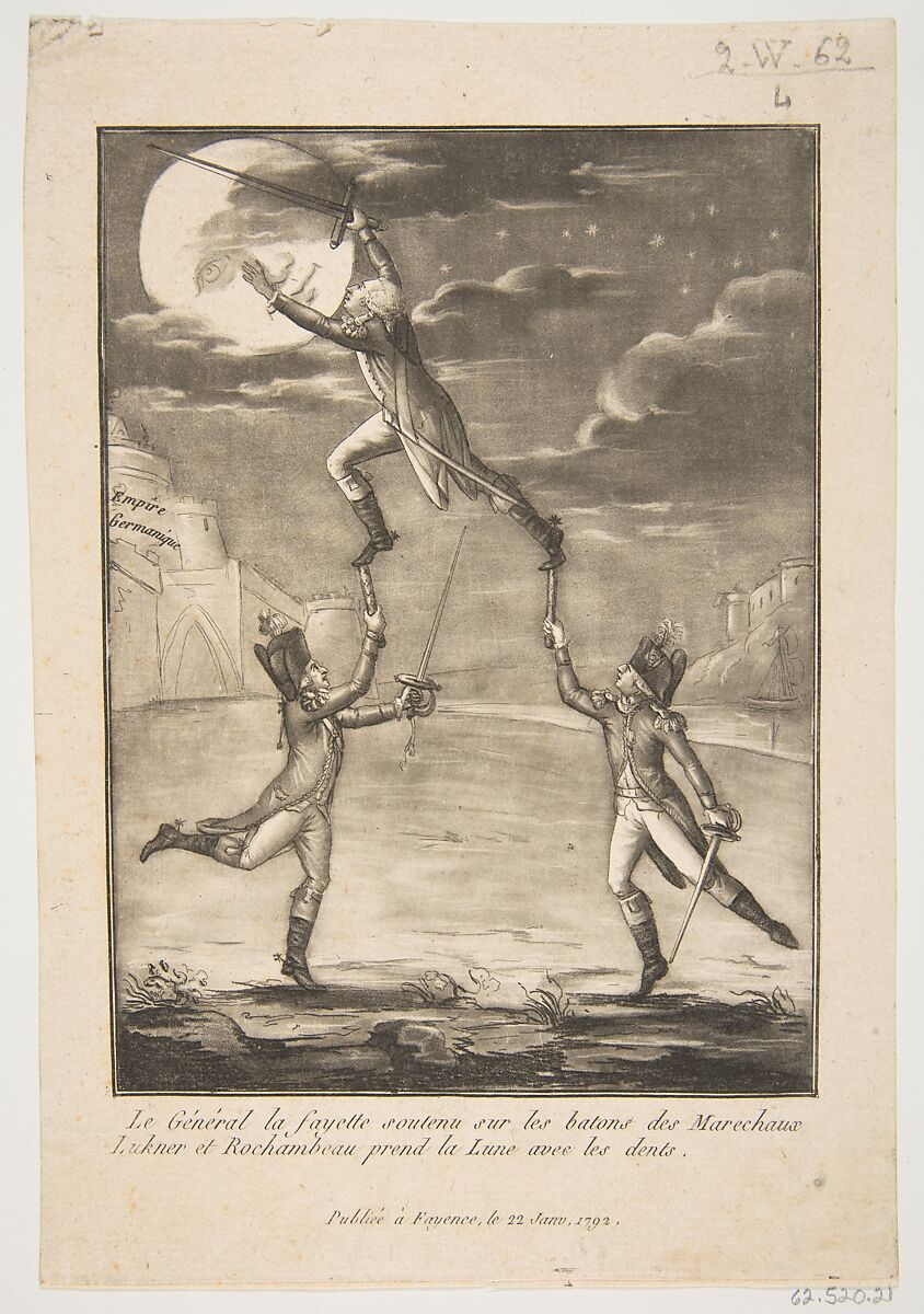 Le Général la fayette soutenu sur les batons des marechaux Lukner et Rochambeau prend la Lune avec les dents, Anonymous, French, 18th century, Aquatint and etching 