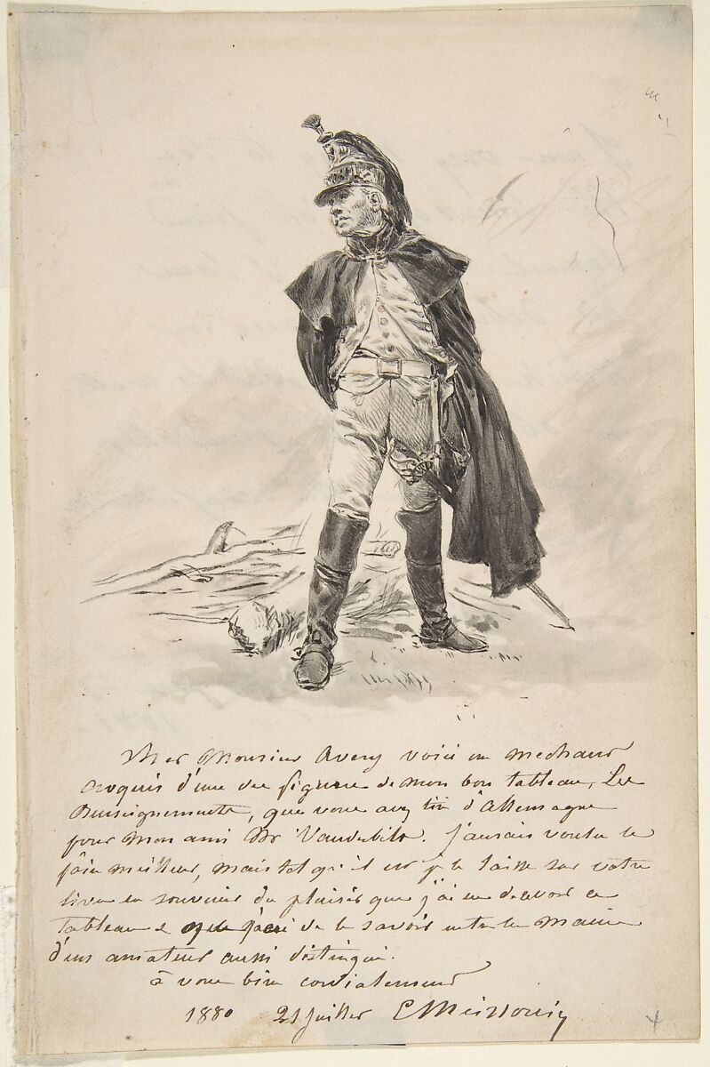 Letter to Samuel P. Avery with a drawing of a military figure, Ernest Meissonier (French, Lyons 1815–1891 Paris), Pen and ink with washed in gray, black and brown, with gouache 