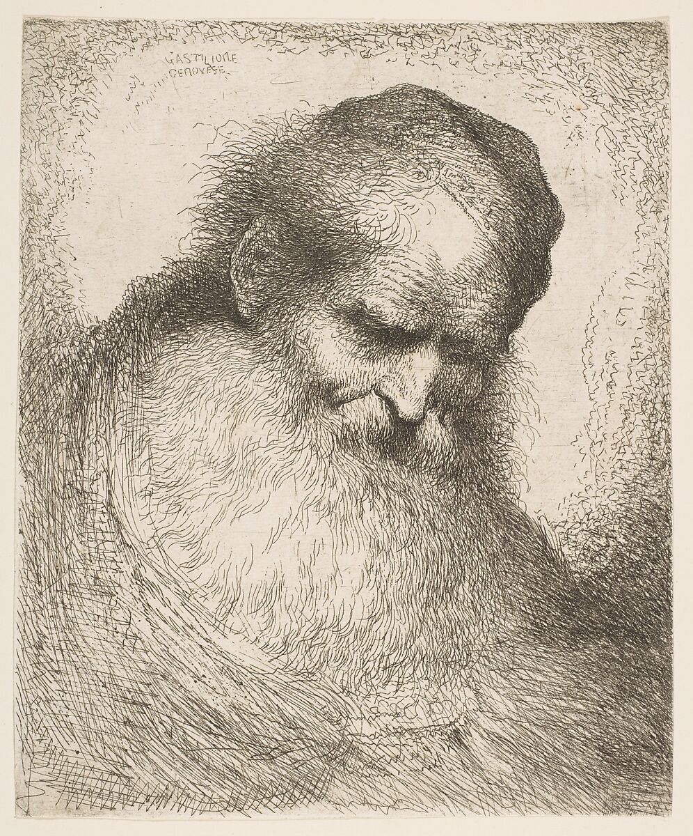 A bearded man wearing a cap looking down to the right, from "Heads in Oriental Headdress", Giovanni Benedetto Castiglione (Il Grechetto) (Italian, Genoa 1609–1664 Mantua), Etching 
