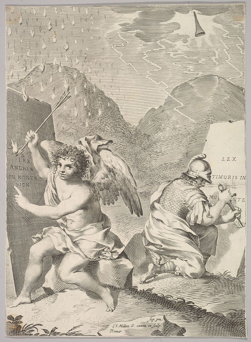 An Angel and a Soldier Inscribe Stone Slabs, Claude Mellan (French, Abbeville 1598–1688 Paris), Engraving 