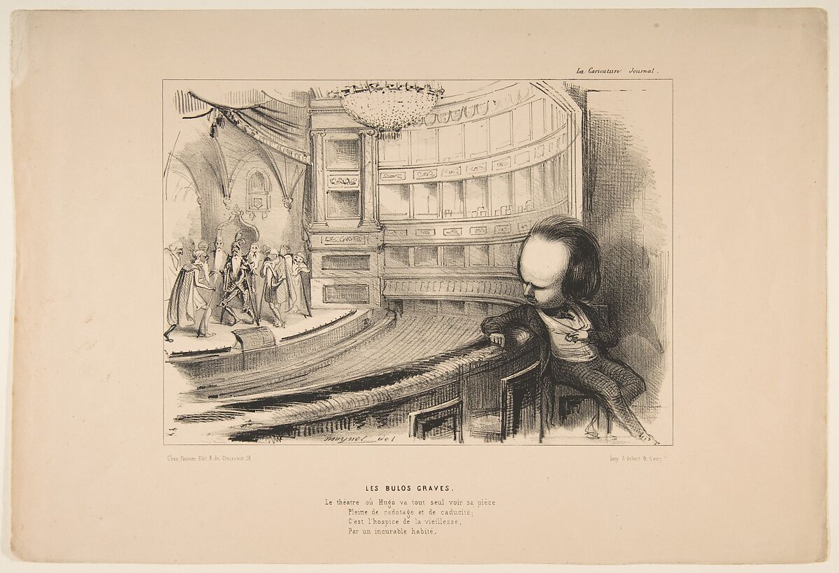 'Les Bulos Graves', Victor Hugo at his play 'Les Burgraves', from 'La Caricature', Jean-Pierre Moynet (French, 1819–1876), Lithograph 