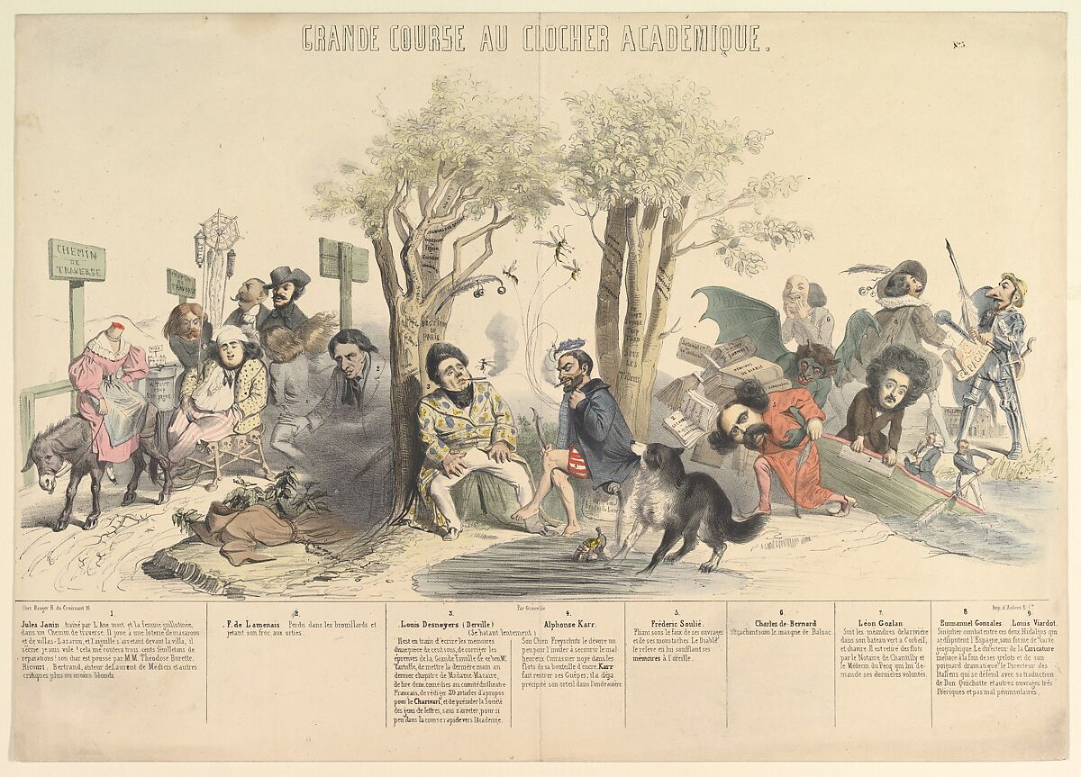 Grand Course au Clocher Académique, No. 5, J. J. Grandville (French, Nancy 1803–1847 Vanves), Hand-colored lithograph 