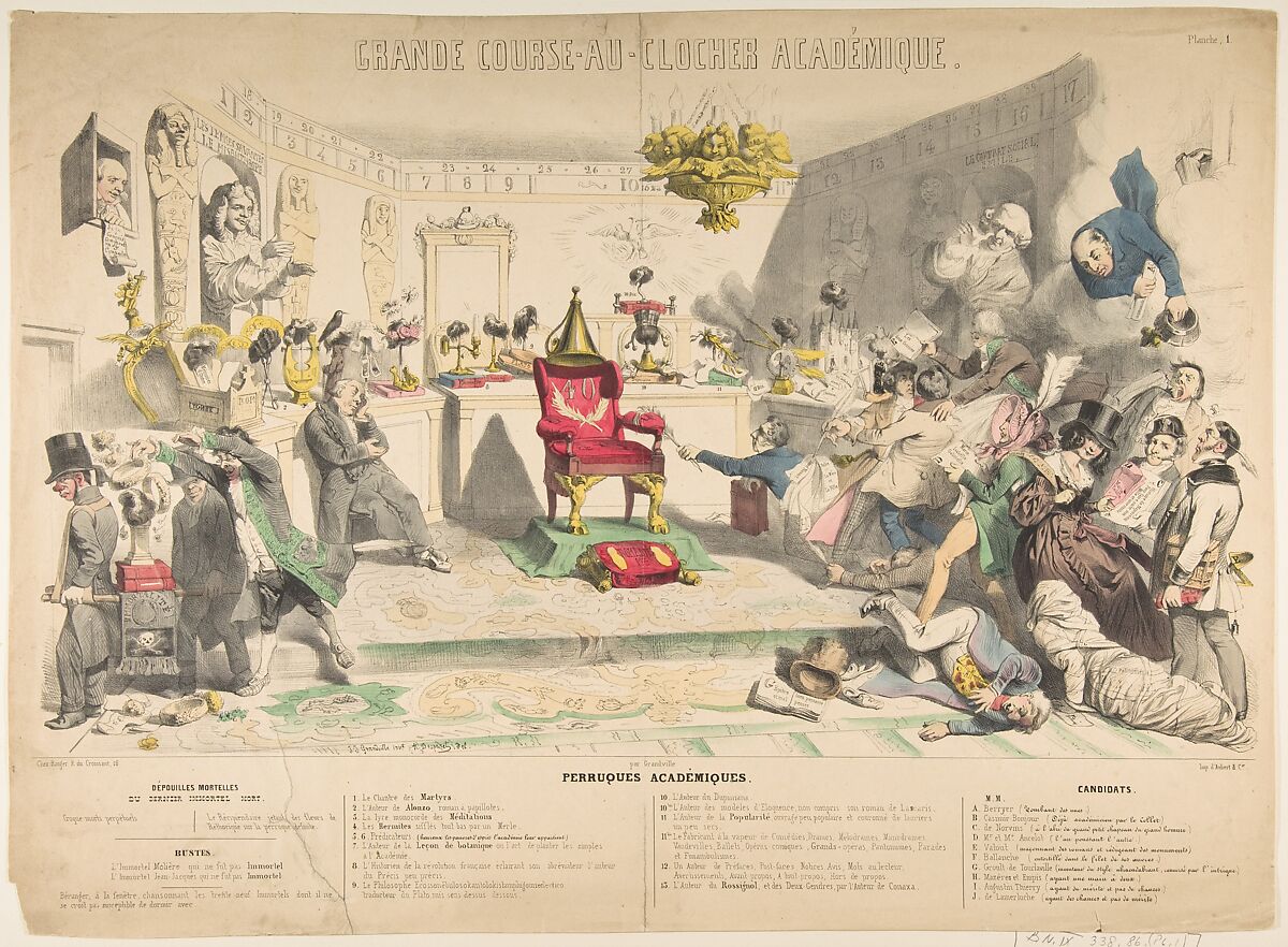 Grand Course-au-Clocher Académique, Planche 1: Perruques Académiques, Auguste Desperret (French, died 1865), Hand-colored lithograph 