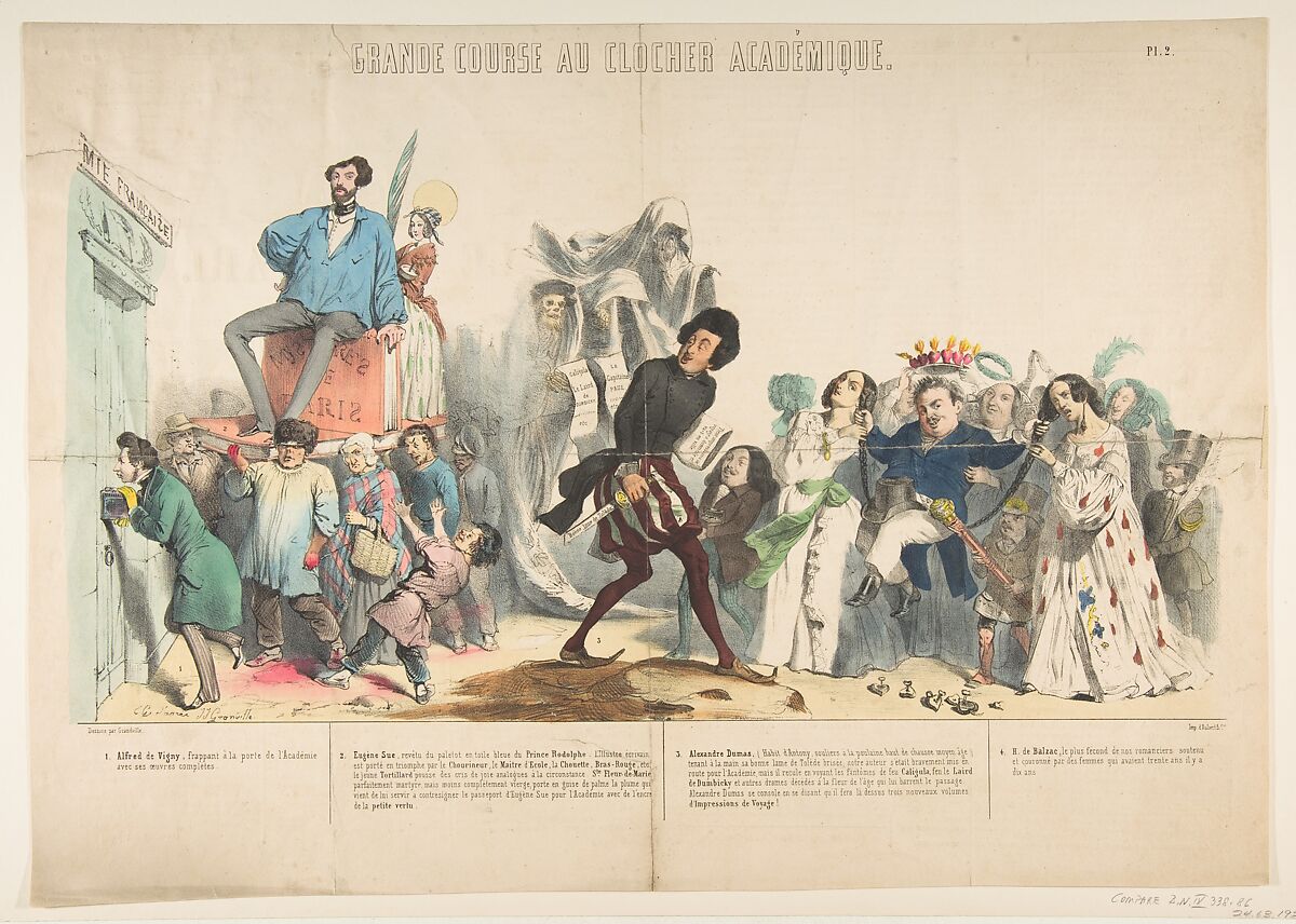Grand Course au Clocher Académique, Pl. 2, J. J. Grandville (French, Nancy 1803–1847 Vanves), Hand-colored lithograph 