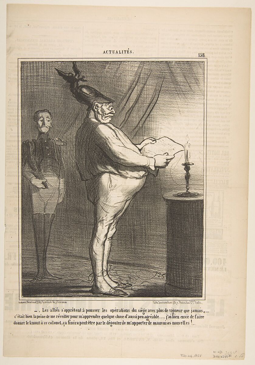 Les allies s'apprètent à pousser les opérations du siège avec plus de vigueur que jamais…, from Actualités, published in Le Charivari, February 26, 1855, Honoré Daumier (French, Marseilles 1808–1879 Valmondois), Lithograph; second state of two (Delteil) 