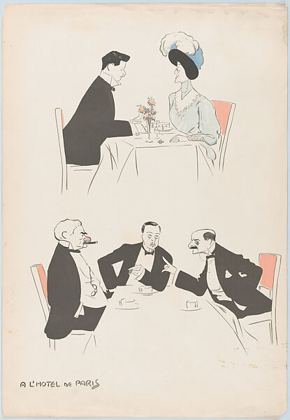 A L'Hotel de Paris (two tables, one with J. P. Morgan), from Monte Carlo, 2nd Serie, Georges Goursat [Sem] (French, Perigueux 1863–1934 Paris), Color lithograph 