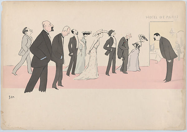 Hotel de Paris (with Grand Duke Nicholas, Duchess of Marlborough, Princess Hohelohe, Baron and Barone Alphonse de Rothschild and Lord Saville), from Monte Carlo, 2nd Serie, Georges Goursat [Sem] (French, Perigueux 1863–1934 Paris), Color lithograph 