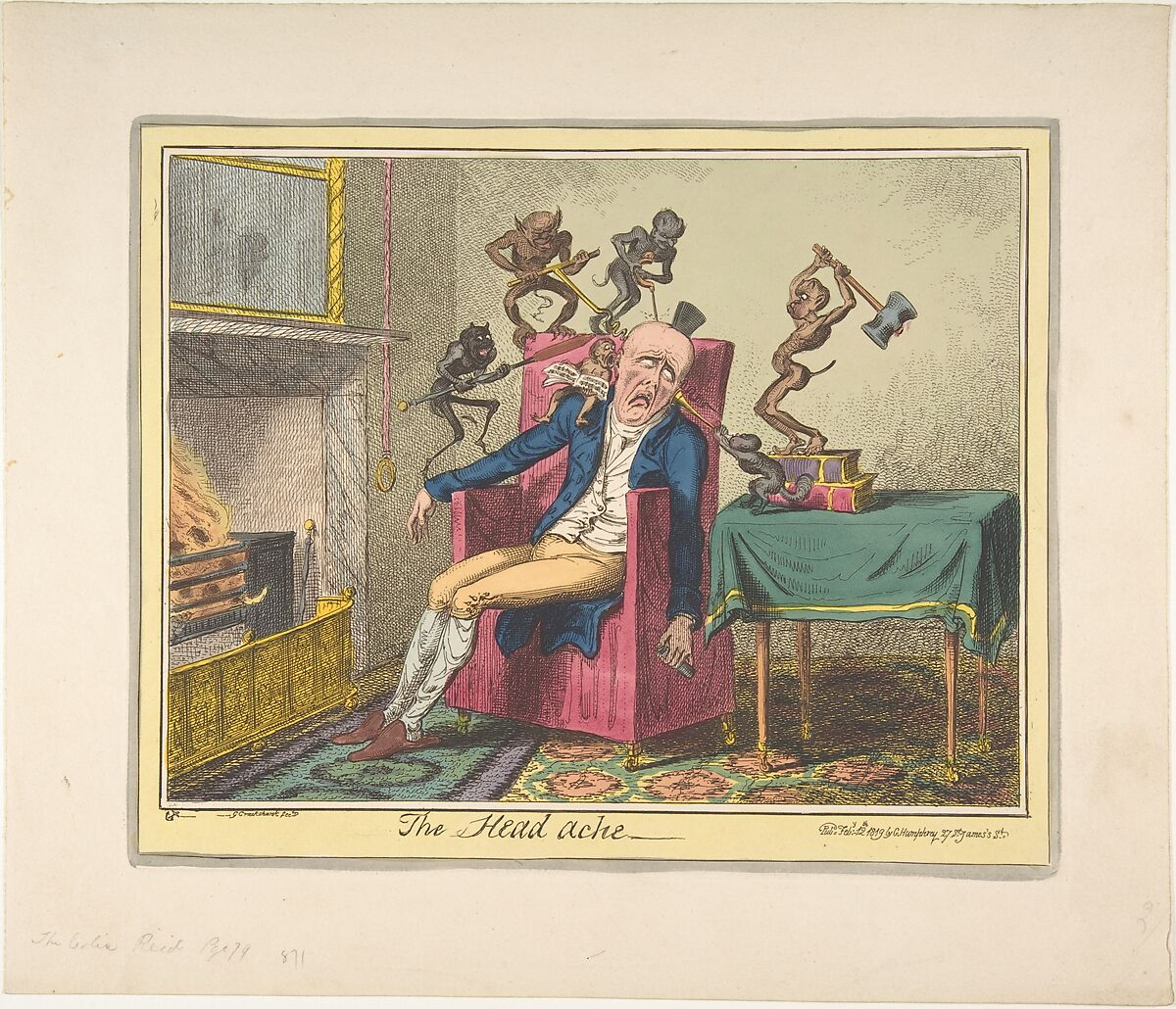 The Head Ache, George Cruikshank (British, London 1792–1878 London), Hand-colored etching