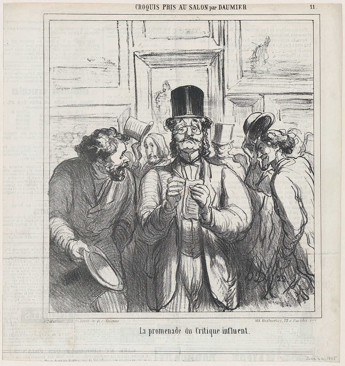Walk-through of an influential critic, from 'Sketches from the Salon,' published in 'Le Charivari,' June 24, 1865, Honoré Daumier (French, Marseilles 1808–1879 Valmondois), Lithograph on newsprint; second state (Delteil)