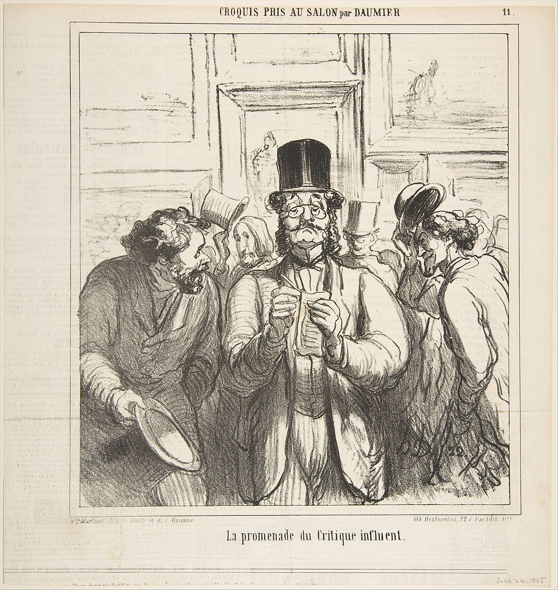 Walk-through of an influential critic, from 'Sketches from the Salon,' published in 'Le Charivari,' June 24, 1865, Honoré Daumier (French, Marseilles 1808–1879 Valmondois), Lithograph on newsprint; second state (Delteil) 