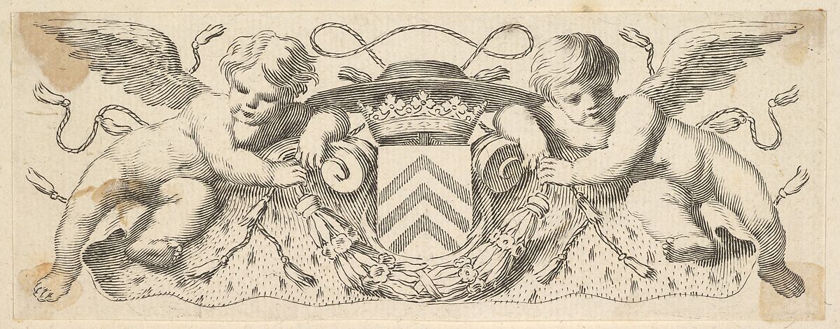 Two Cherubs with the Arms of Cardinal Richelieu, Claude Mellan (French, Abbeville 1598–1688 Paris), Etching 