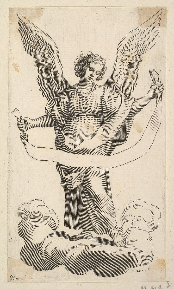 Angel with a Banderole, Claude Mellan (French, Abbeville 1598–1688 Paris), Etching; first state of three 