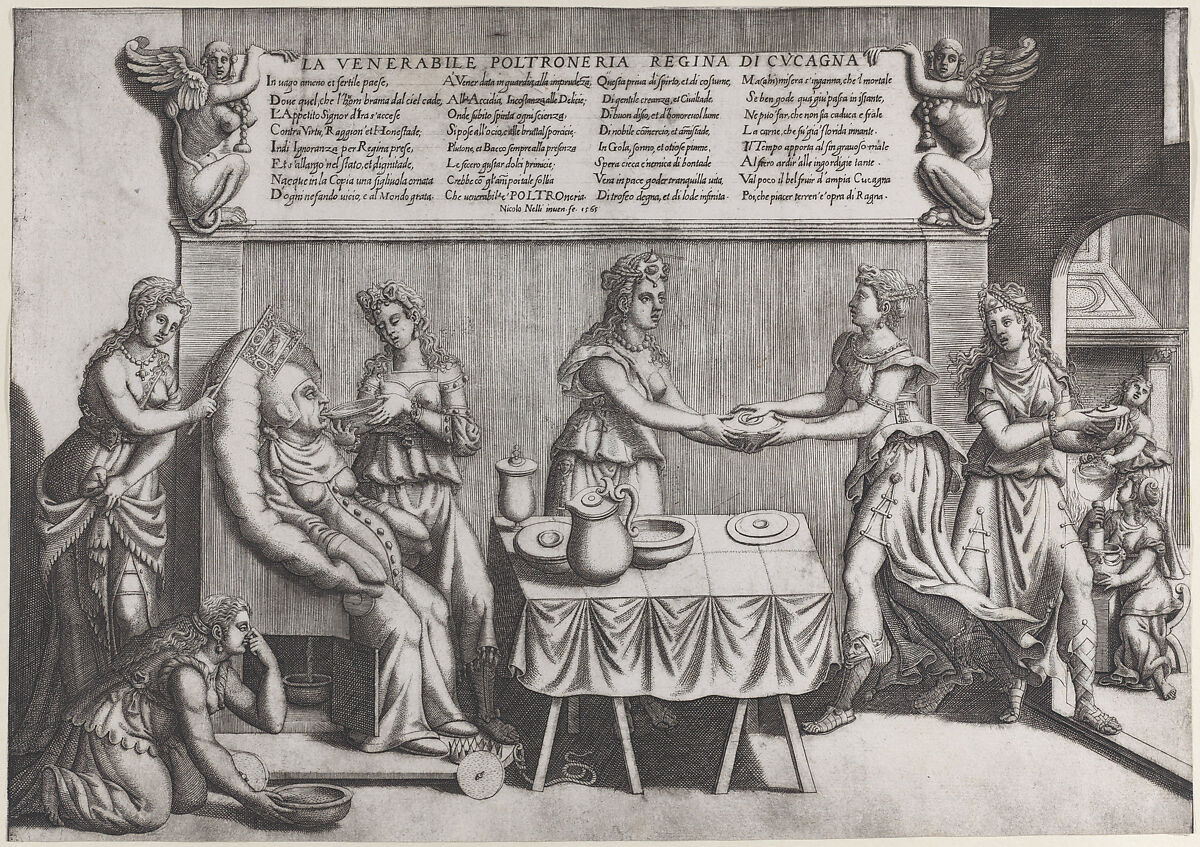Venerable Idleness, Queen of Cockaigne; a fat woman seated on a movable toilet chair being waited on and fed by seven women, Nicolò Nelli (Italian, active Venice, ca. 1552–79), Engraving
