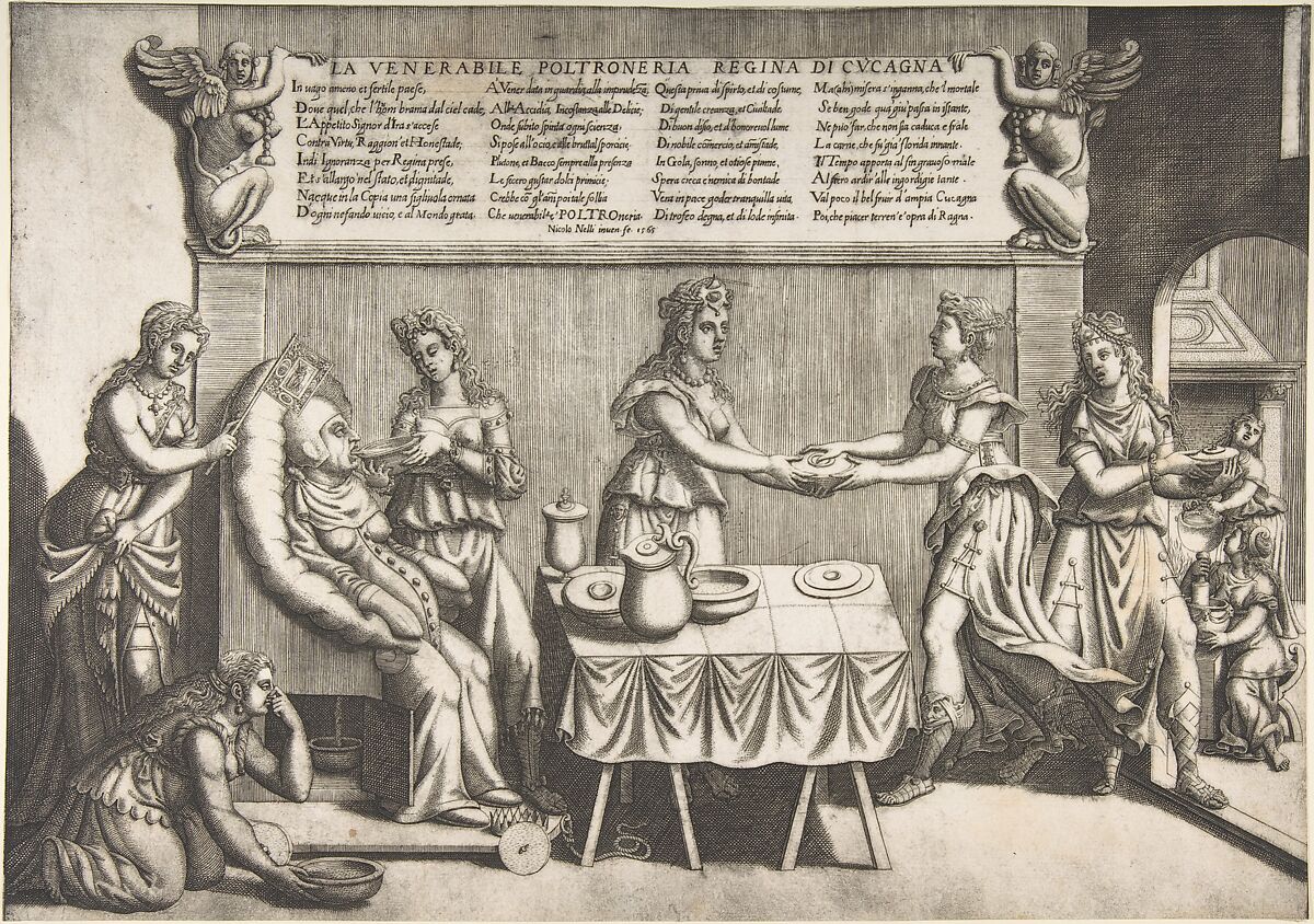 Venerable Idleness, Queen of Cockaigne; a fat woman seated on a movable toilet chair being waited on and fed by seven women, Nicolò Nelli (Italian, active Venice, ca. 1552–79), Engraving 