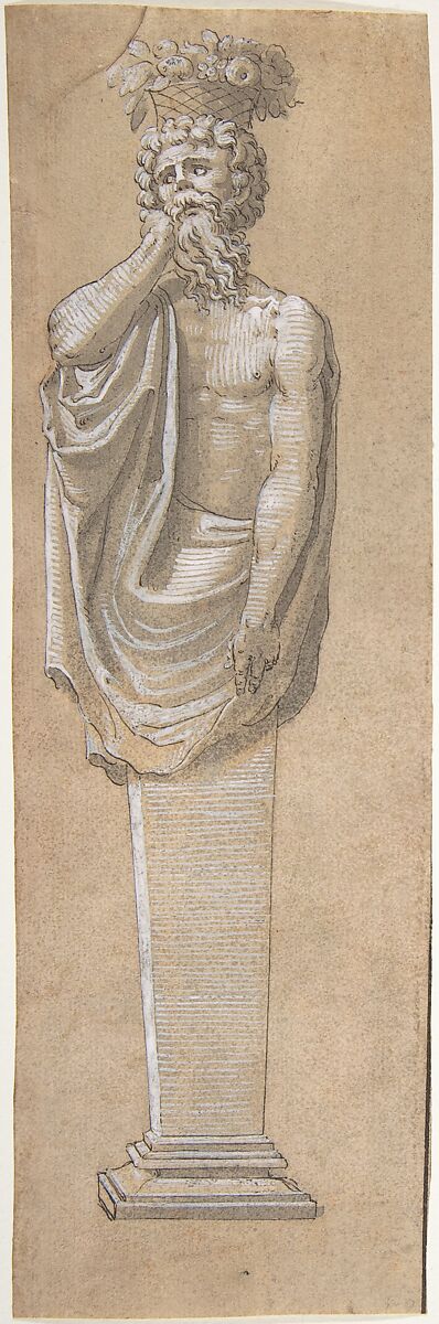 Bearded Male Term with a Raised Left Arm, Anonymous, French, 16th century, Pen and black ink with gray wash, heightened with white