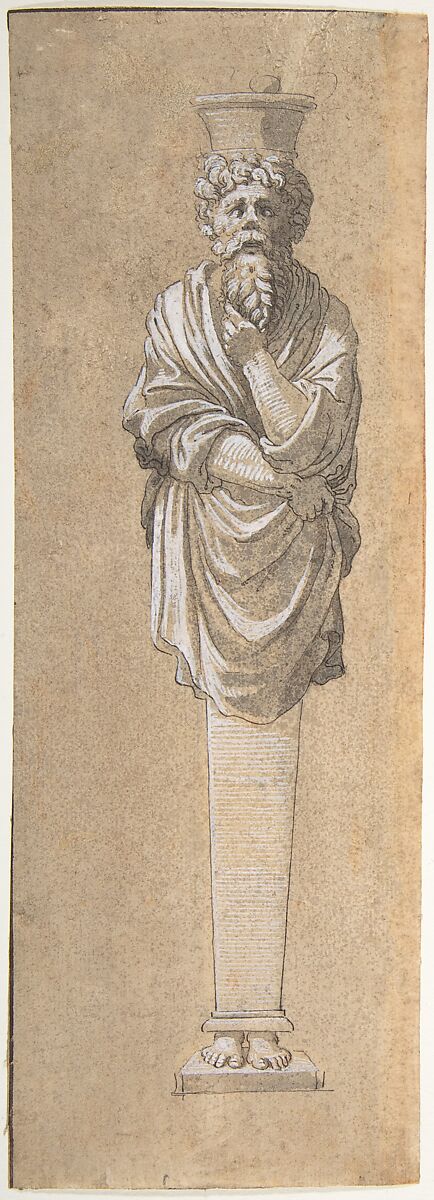 Bearded Male Term Covered in a Cloak, Anonymous, French, 16th century, Pen and black ink with gray wash, heightened with white 