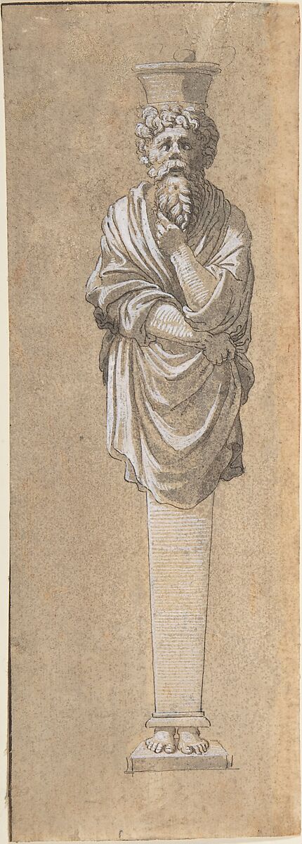 Bearded Male Term Covered in a Cloak, Anonymous, French, 16th century, Pen and black ink with gray wash, heightened with white