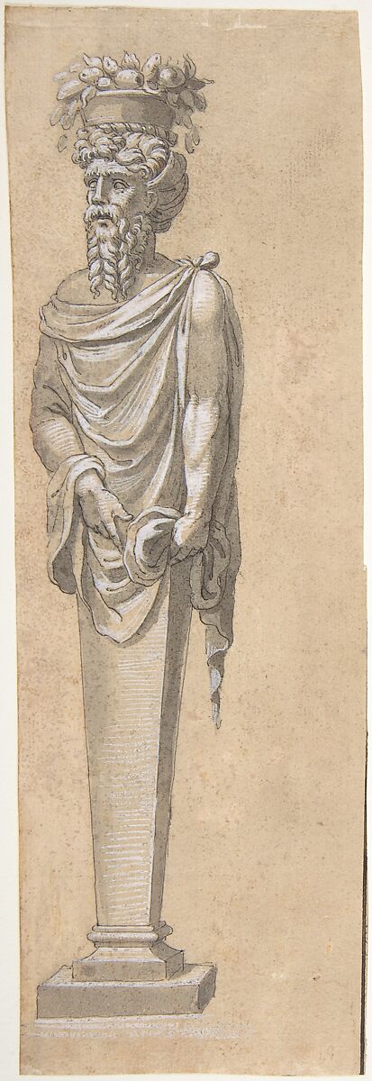 Bearded Male Term Looking Left, Anonymous, French, 16th century, Pen and black ink with gray wash, heightened with white 