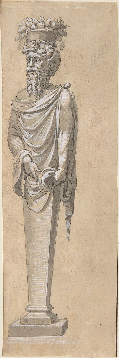 Bearded Male Term Looking Left, Anonymous, French, 16th century, Pen and black ink with gray wash, heightened with white