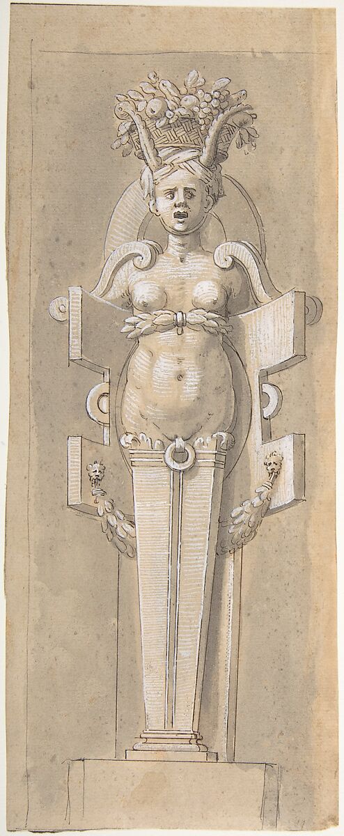 Female Term encased by a Strapwork Panel, Anonymous, French, 16th century, Pen and black ink with gray wash, heightened with white