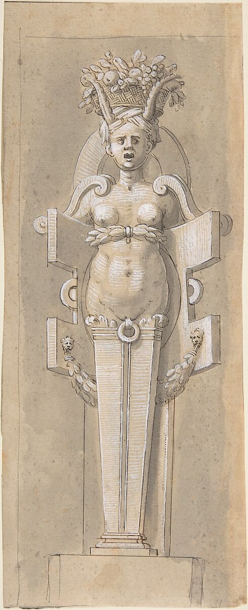 Female Term encased by a Strapwork Panel, Anonymous, French, 16th century, Pen and black ink with gray wash, heightened with white 