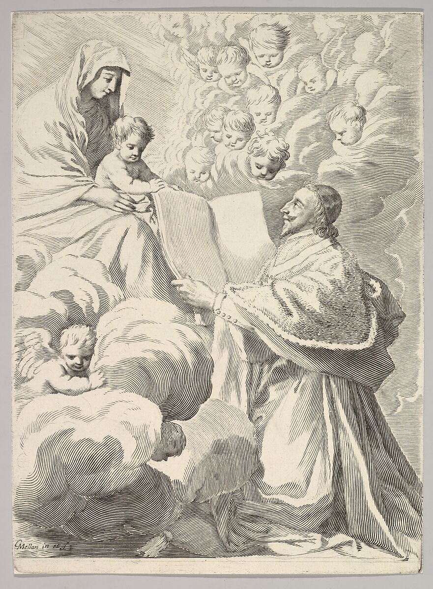 Cardinal Richelieu, Kneeling, Presents His Book to the Virgin and Child, Claude Mellan (French, Abbeville 1598–1688 Paris), Engraving; second state of six 