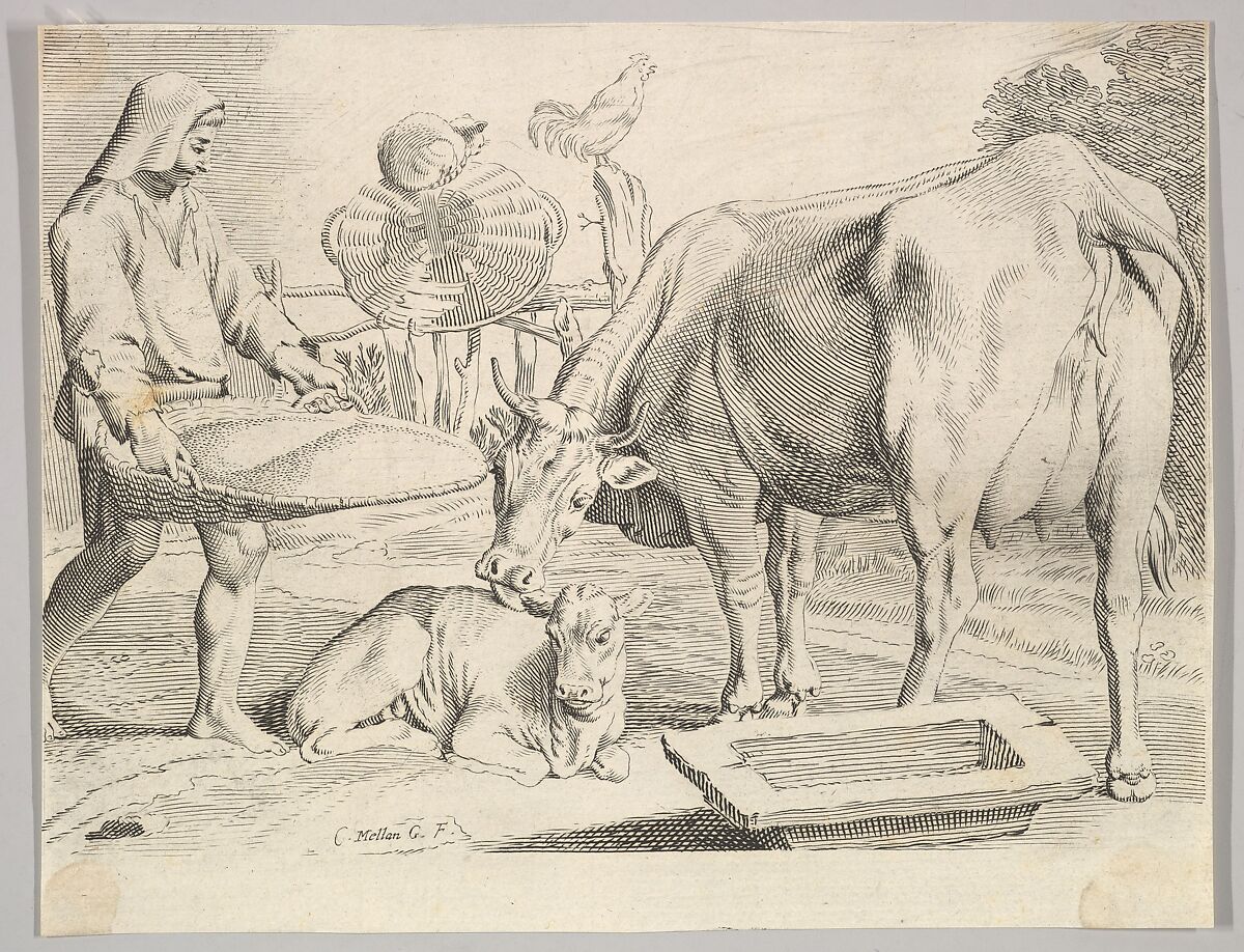 Country Scene with a Peasant, Cow and Calf, Claude Mellan (French, Abbeville 1598–1688 Paris), Engraving; second state of two 