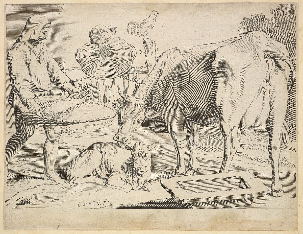 Country Scene with a Peasant, Cow and Calf, Claude Mellan (French, Abbeville 1598–1688 Paris), Engraving; second state of two 