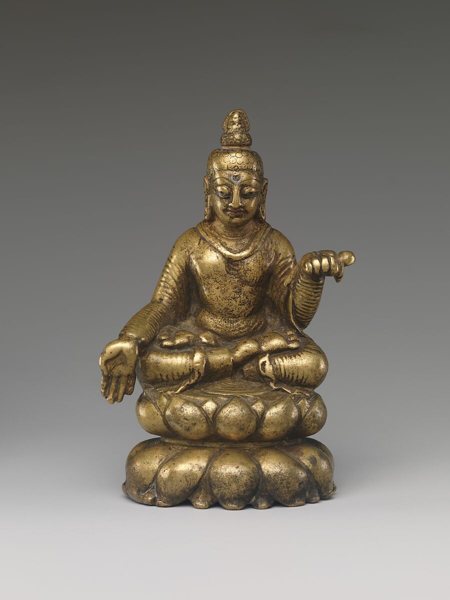 Seated Buddha, Brass inlaid with copper and silver, India (Kashmir region) 