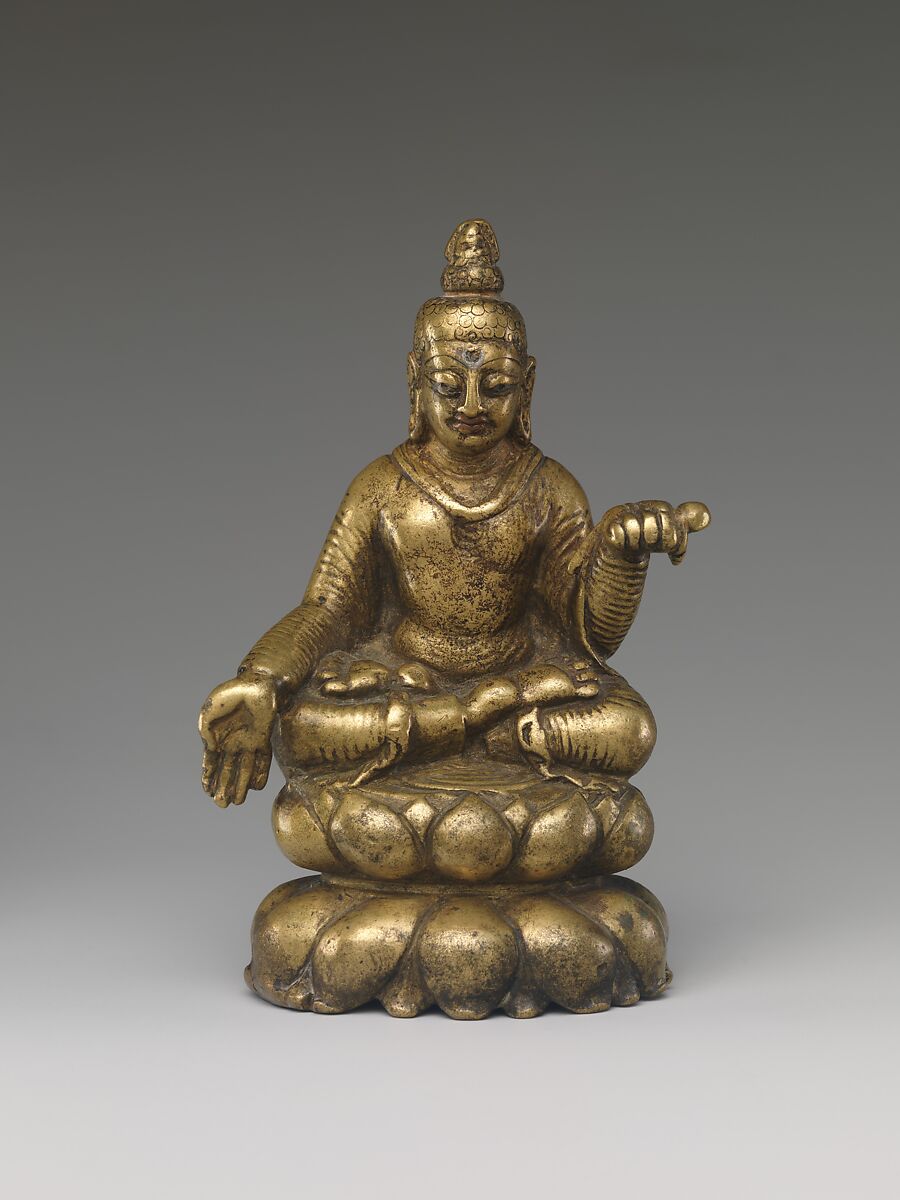 Seated Buddha, Brass inlaid with copper and silver, India (Kashmir region)