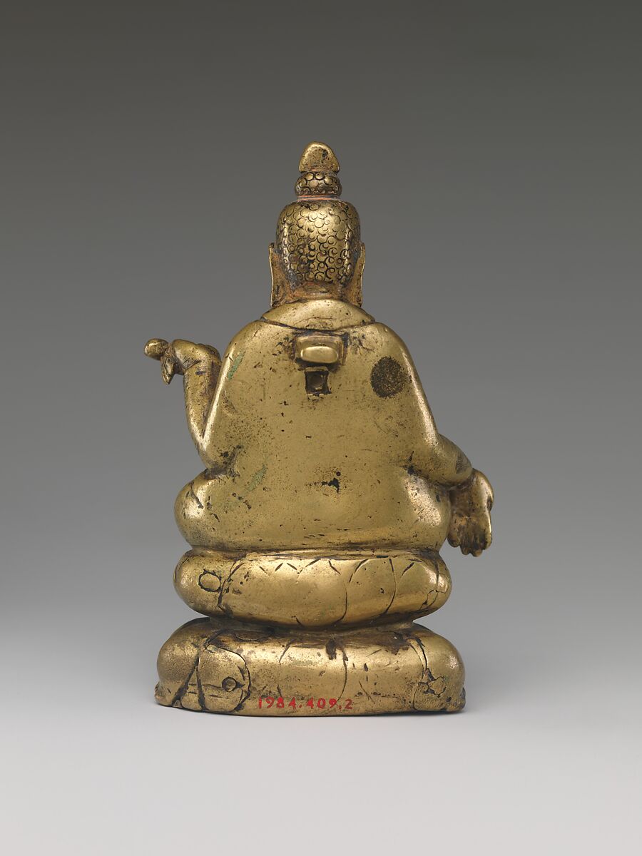 Seated Buddha, Brass inlaid with copper and silver, India (Kashmir region)