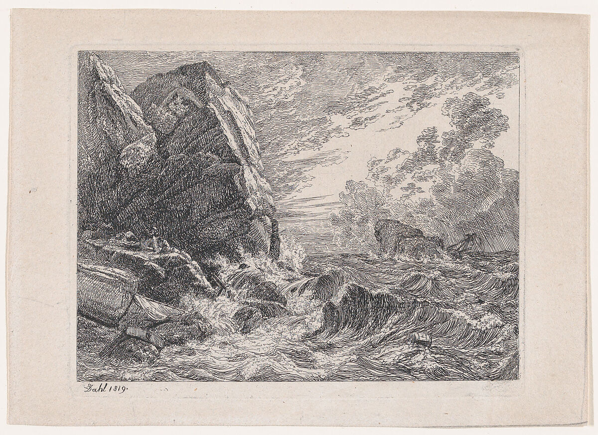 Shipwreck on a Rocky Shore, Johan Christian Dahl (Norwegian, Bergen 1788–1857 Dresden), Etching 