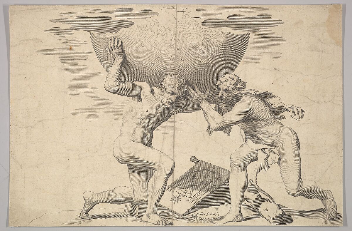 Hercules Assisting Atlas, Claude Mellan (French, Abbeville 1598–1688 Paris), Engraving; second state of three (BN) 