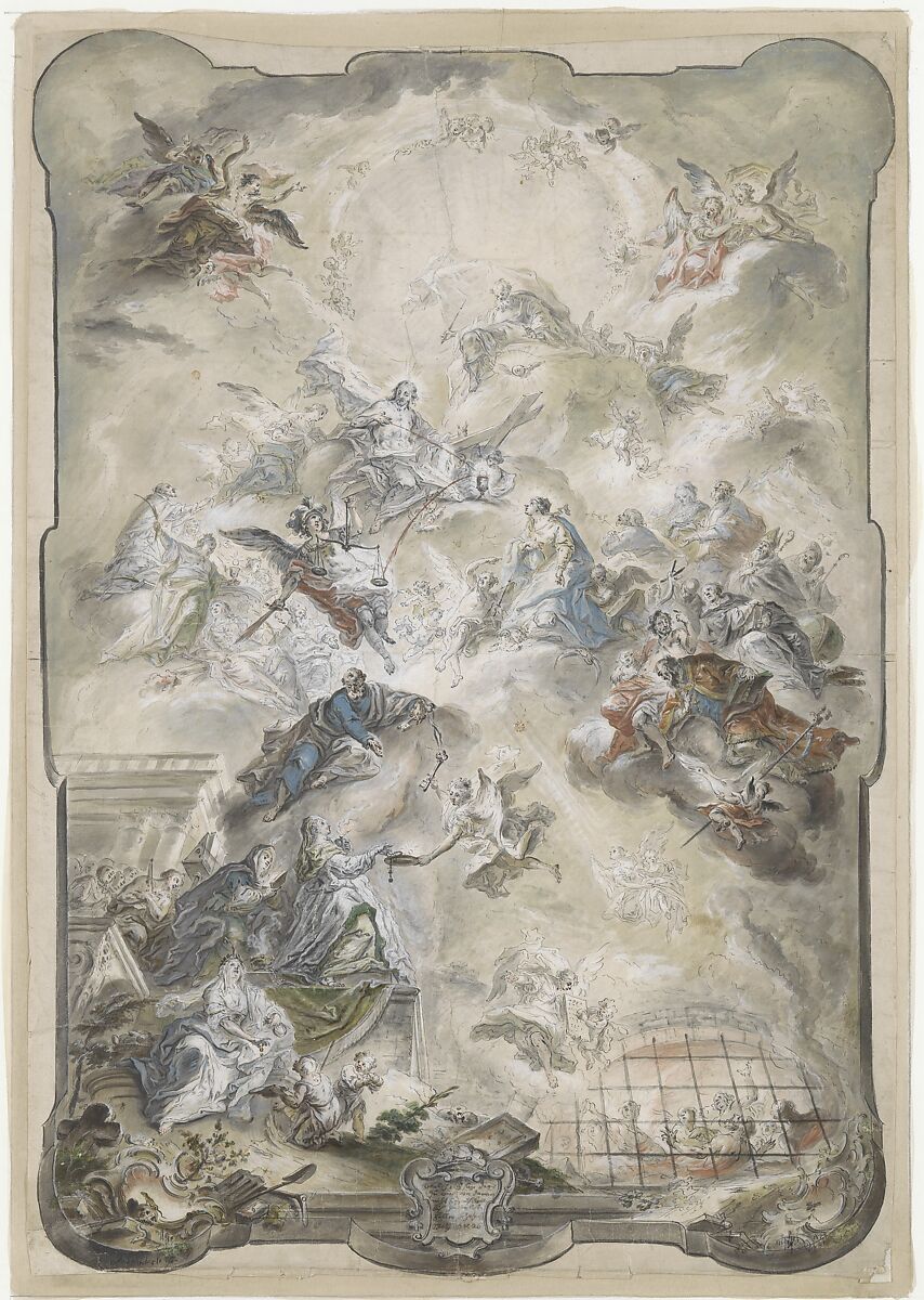 Design for a Wall Panel or Ceiling with The Virgin and Saints Interceding before Christ for the Souls of the Lost, Johann Baptist Enderle (German, Ulm 1725–1798 Donauwörth), Pen and black ink, watercolor and gouache on laid paper 