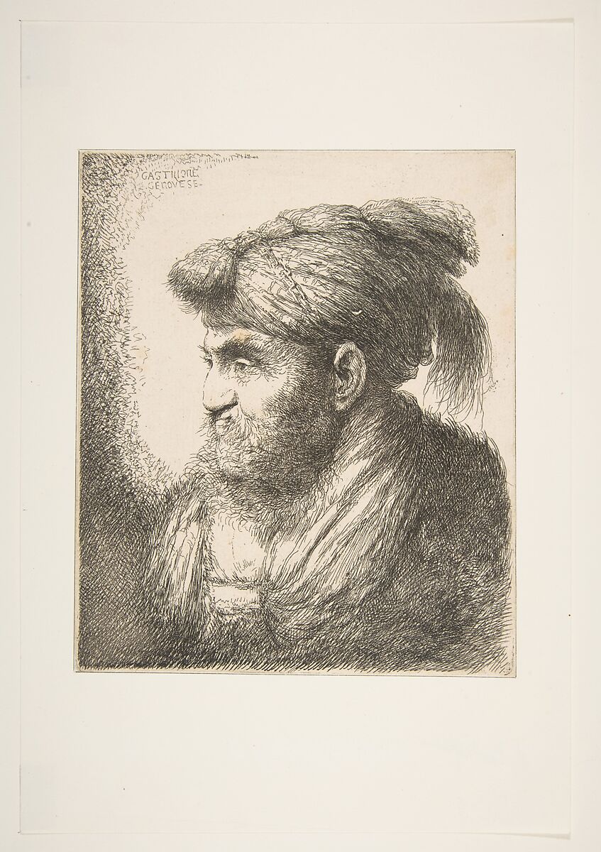 Man wearing a turban facing left, from "Large Oriental Heads", Giovanni Benedetto Castiglione (Il Grechetto) (Italian, Genoa 1609–1664 Mantua), Etching