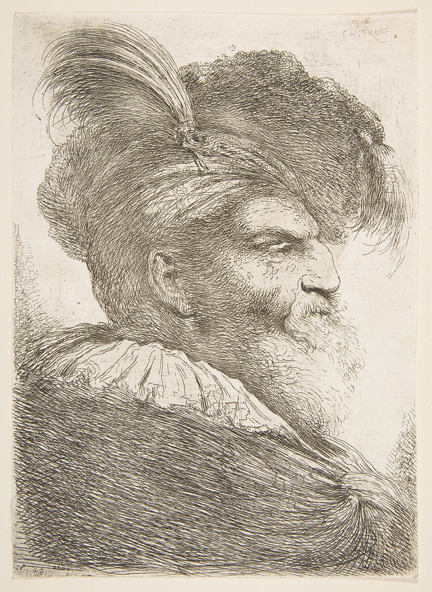 Head of an old man facing right, from "Large Oriental Heads", Giovanni Benedetto Castiglione (Il Grechetto) (Italian, Genoa 1609–1664 Mantua), Etching 