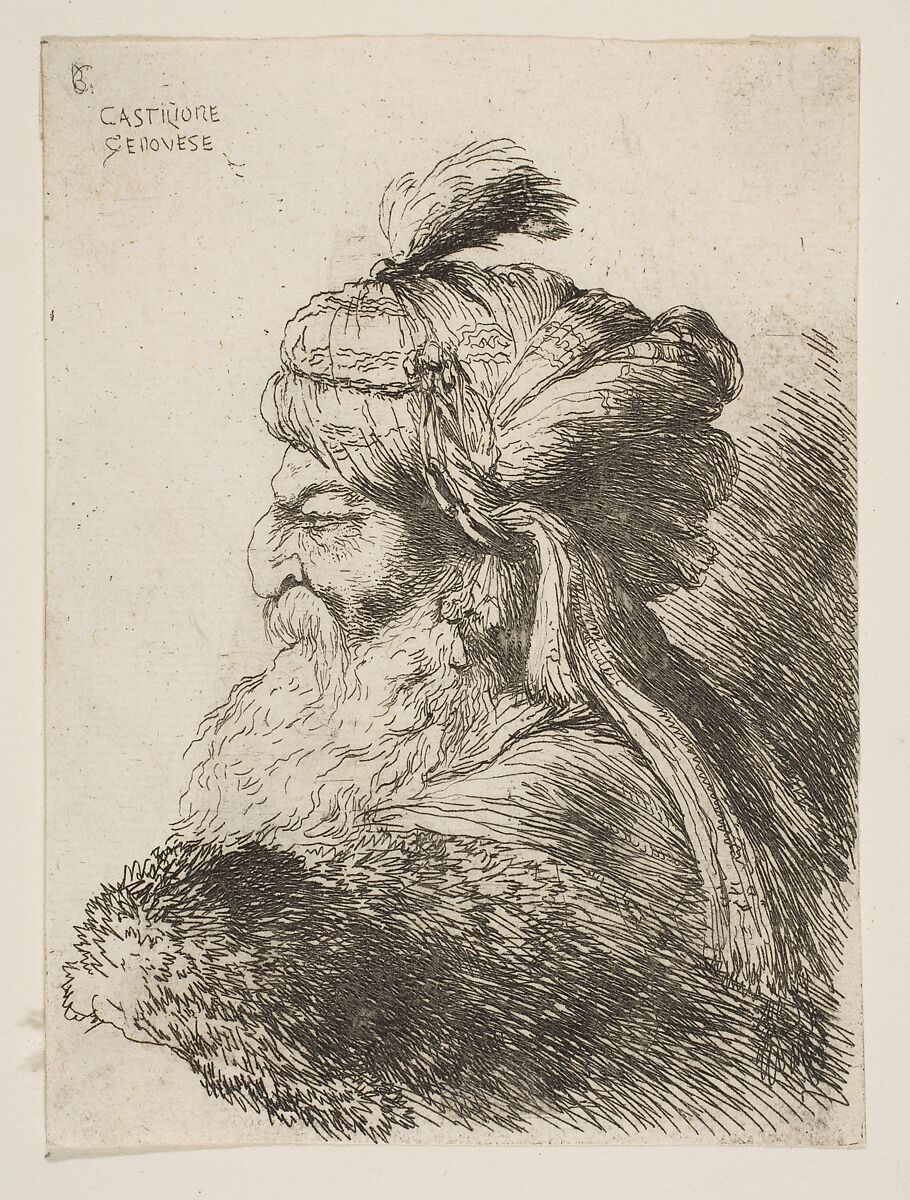 Head of an old man with a turban facing left, from "Small Heads in Oriental Headdress", Giovanni Benedetto Castiglione (Il Grechetto) (Italian, Genoa 1609–1664 Mantua), Etching 