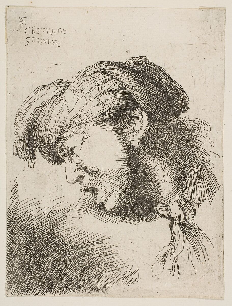 Man wearing a turban, a tie fastened around his neck, facing left, from "Small Heads in Oriental Headdress", Giovanni Benedetto Castiglione (Il Grechetto) (Italian, Genoa 1609–1664 Mantua), Etching 