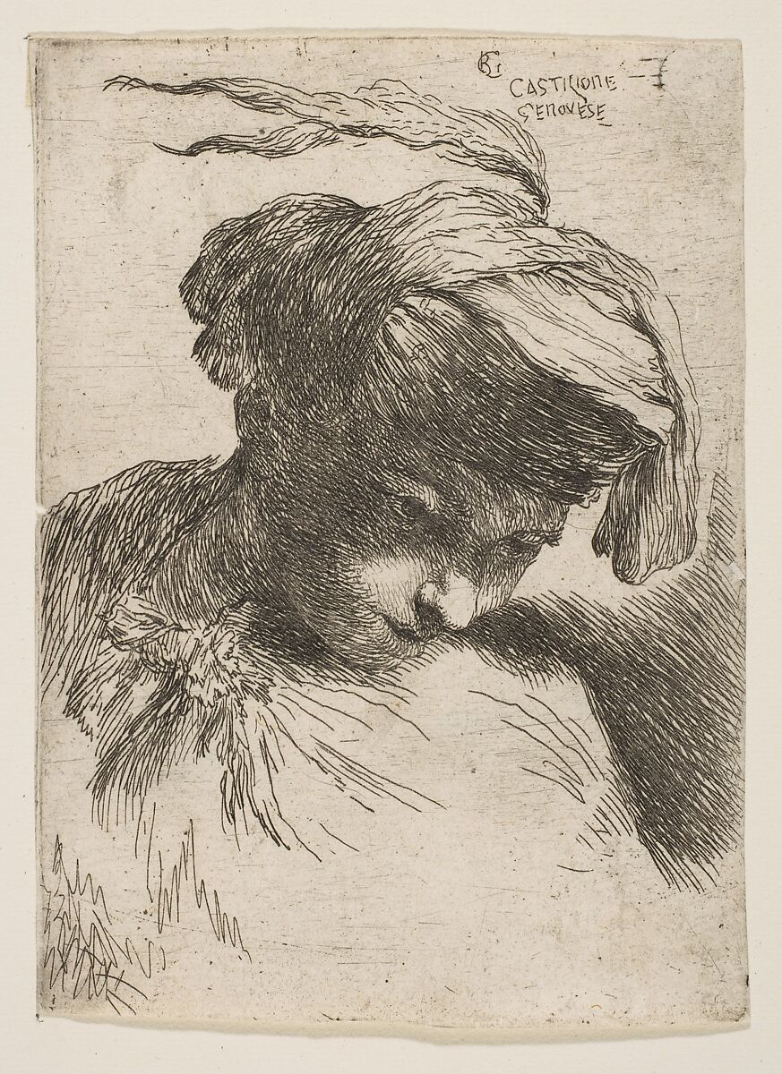 Young man looking down to right, from "Small Heads in Oriental Headdress", Giovanni Benedetto Castiglione (Il Grechetto) (Italian, Genoa 1609–1664 Mantua), Etching 