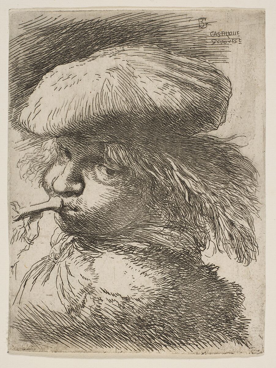 Young man with a trumpet facing left, from "Small Heads in Oriental Headdress", Giovanni Benedetto Castiglione (Il Grechetto) (Italian, Genoa 1609–1664 Mantua), Etching 