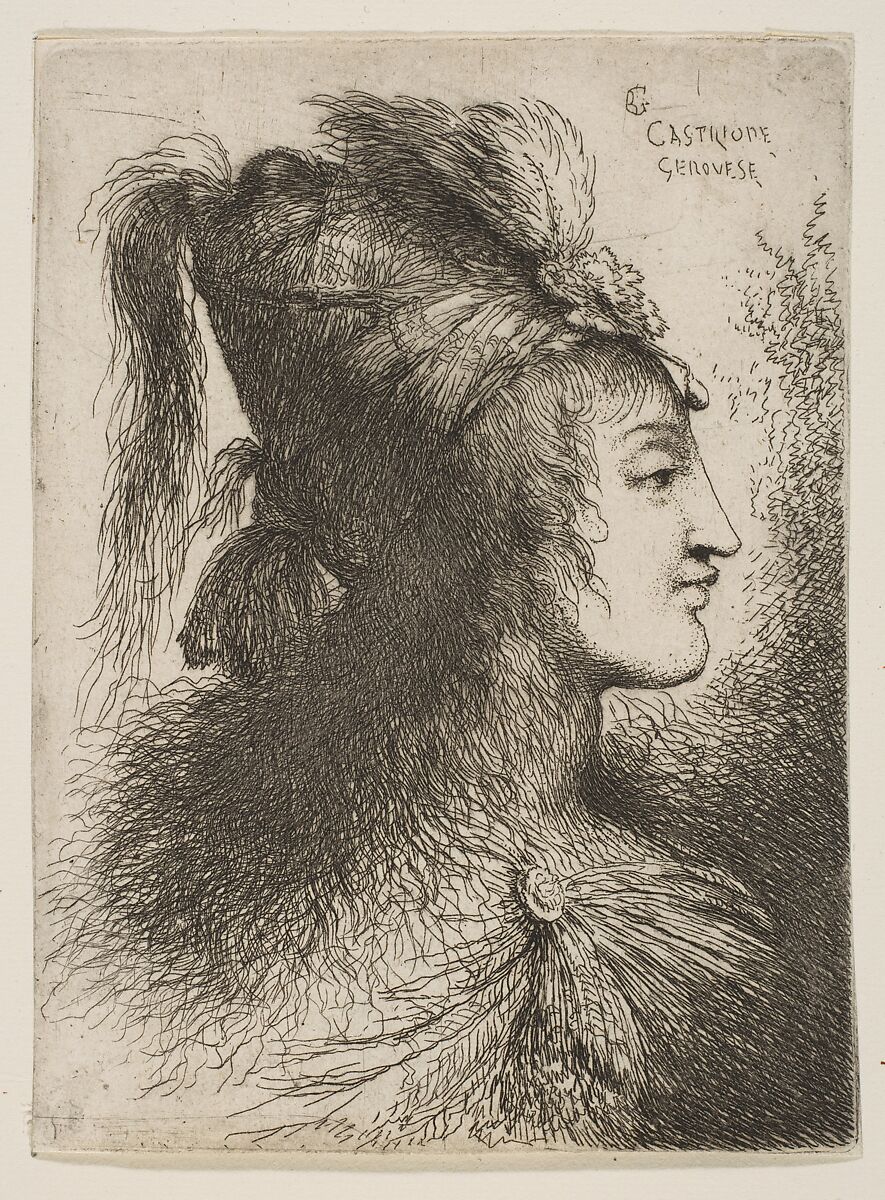 Young man wearing a plumed turban, facing right, from "Small Heads in Oriental Headdress", Giovanni Benedetto Castiglione (Il Grechetto) (Italian, Genoa 1609–1664 Mantua), Etching 