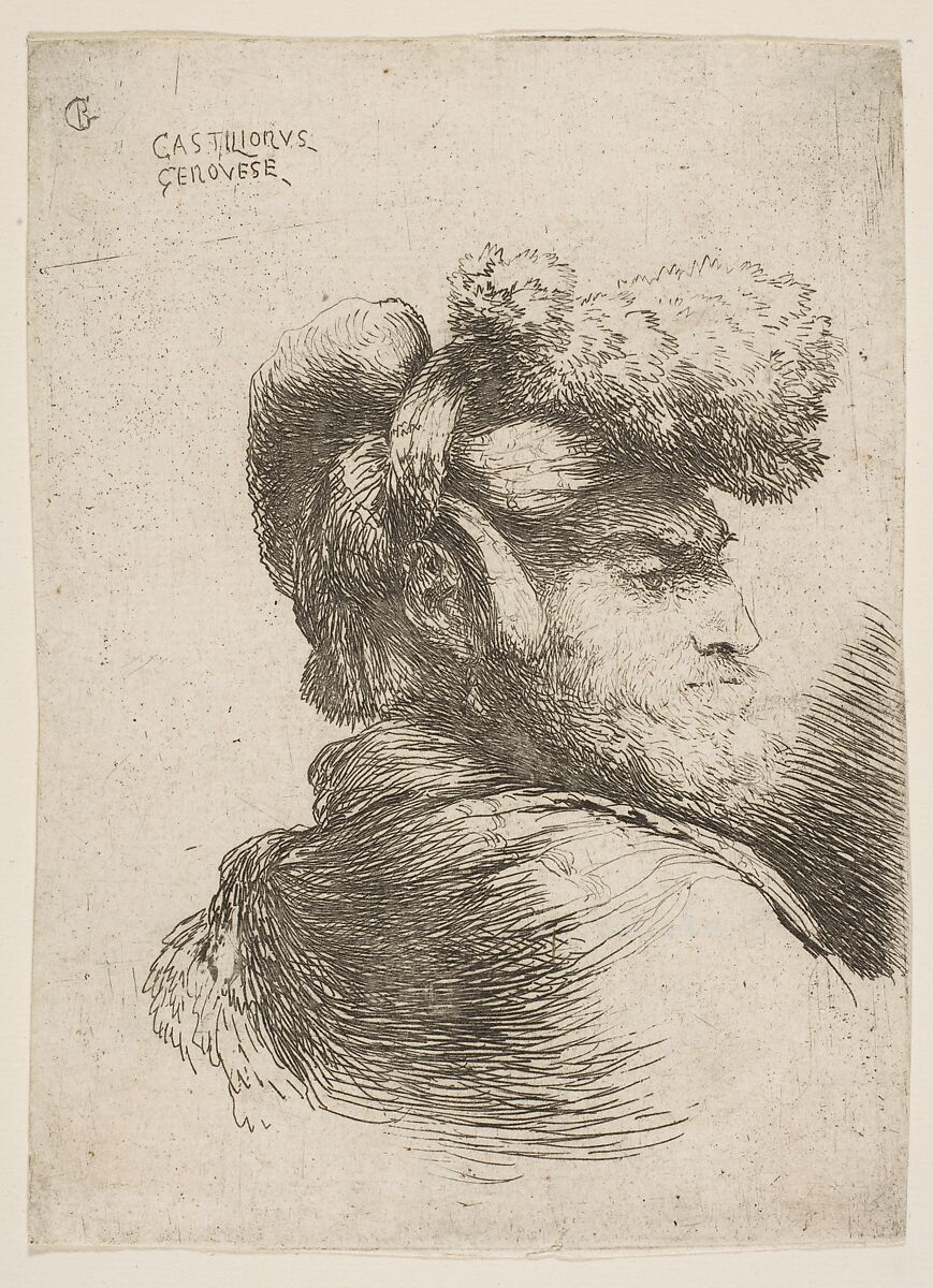 Man in profile facing right, wearing a fur hat, from "Small Heads in Oriental Headdress", Giovanni Benedetto Castiglione (Il Grechetto) (Italian, Genoa 1609–1664 Mantua), Etching 