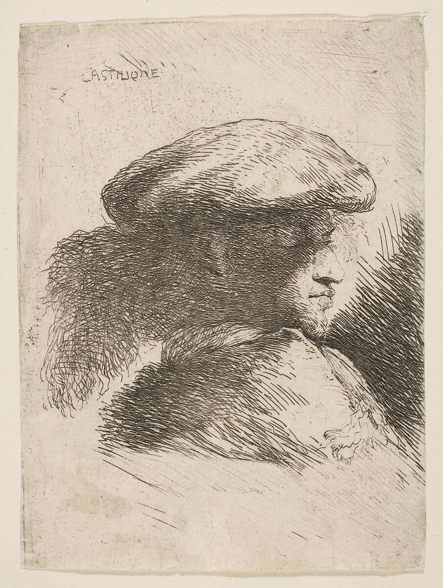 Man in profile facing right, wearing a fur hat, from "Small Heads in Oriental Headdress", Giovanni Benedetto Castiglione (Il Grechetto) (Italian, Genoa 1609–1664 Mantua), Etching 