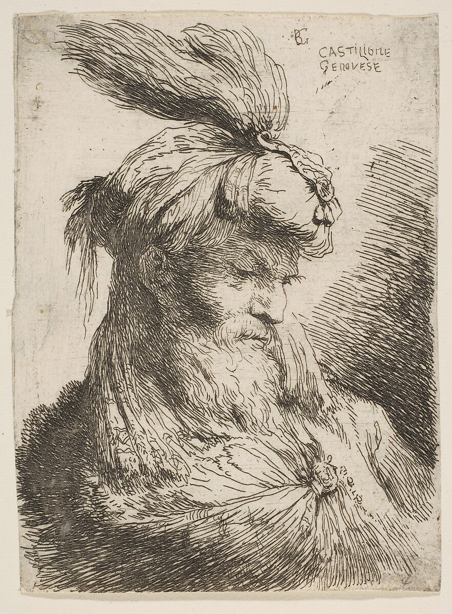 Head of a bearded man with a turban facing right, from "Small Heads in Oriental Headdress", Giovanni Benedetto Castiglione (Il Grechetto) (Italian, Genoa 1609–1664 Mantua), Etching 