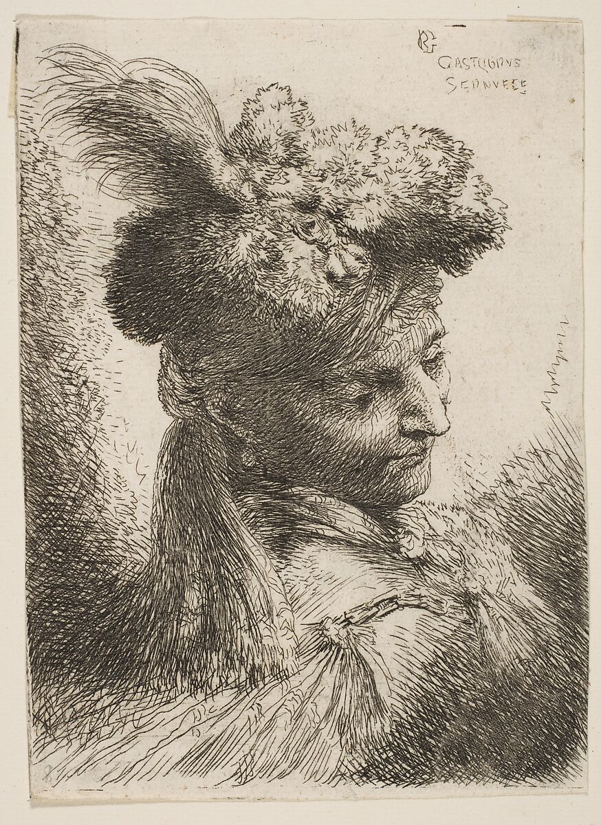 Young man facing three quaters right wearing a fur headdress with a plume, jewel and a headband, from "Small Heads in Oriental Headdress", Giovanni Benedetto Castiglione (Il Grechetto) (Italian, Genoa 1609–1664 Mantua), Etching 