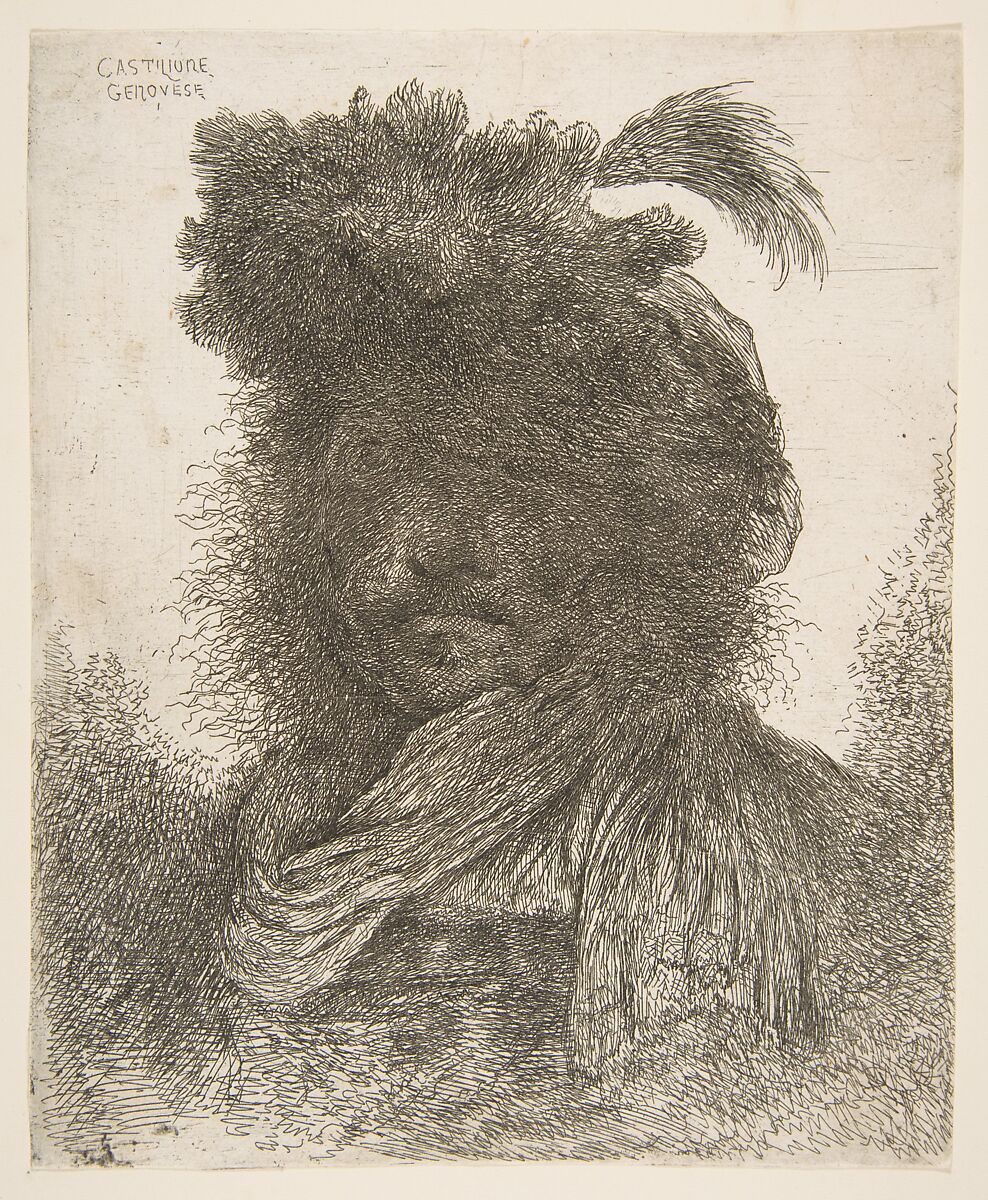 Head of a man in shadow turned slightly to the left, from "Large Oriental Heads", Giovanni Benedetto Castiglione (Il Grechetto) (Italian, Genoa 1609–1664 Mantua), Etching 