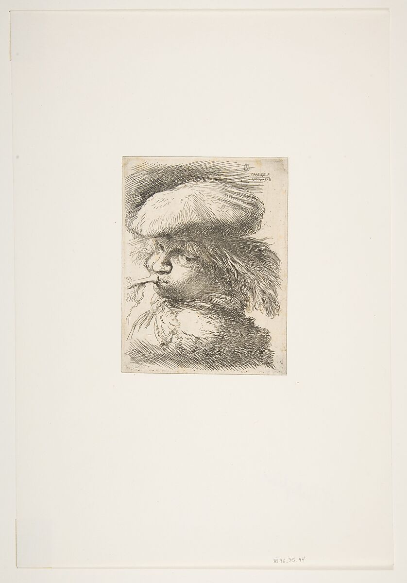 Young man with a trumpet facing left, from "Small Heads in Oriental Headdress", Giovanni Benedetto Castiglione (Il Grechetto) (Italian, Genoa 1609–1664 Mantua), Etching