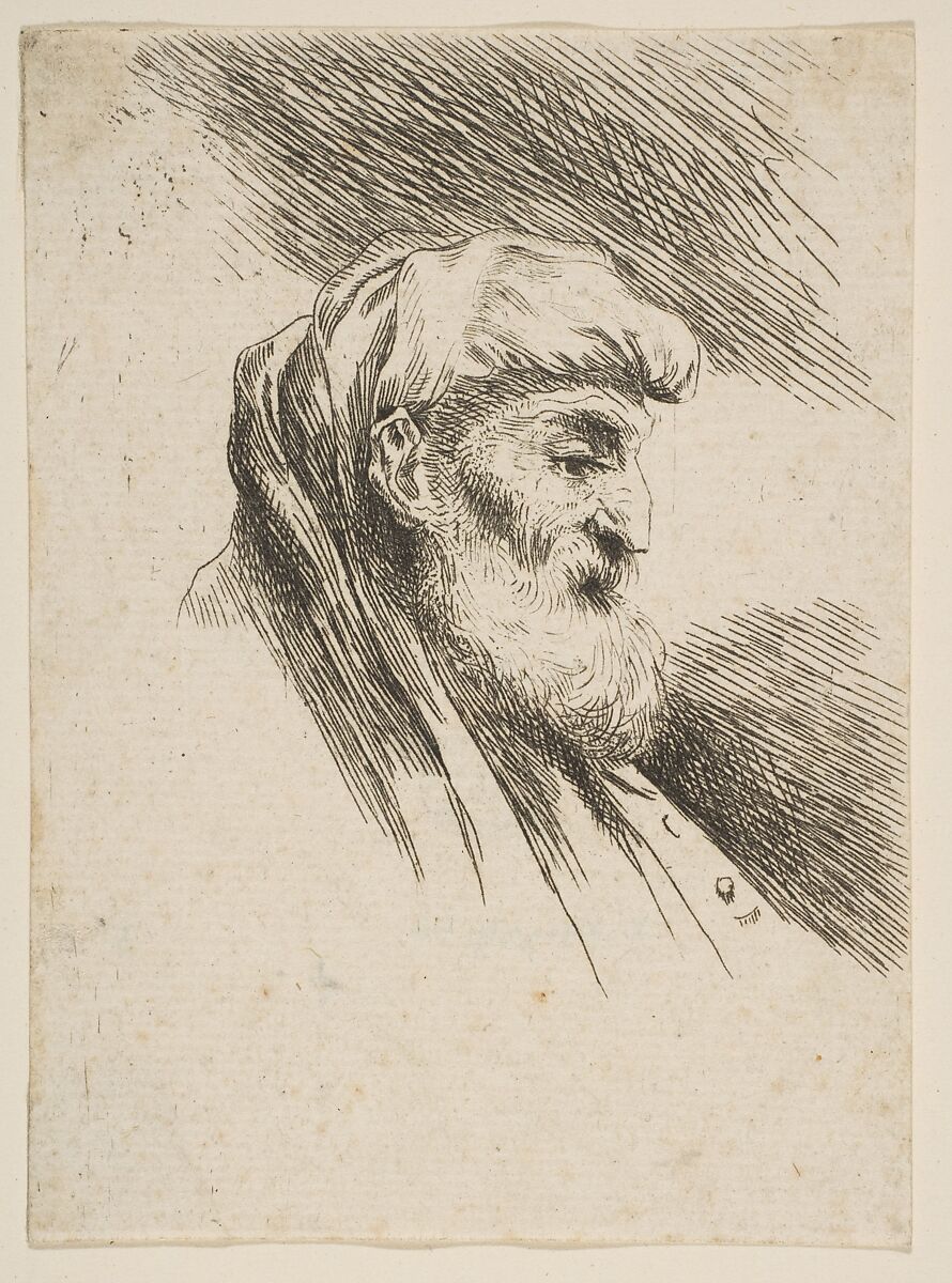 Head of an old bearded man facing right, from the series of  'Small Heads in Oriental Headdress', Giovanni Benedetto Castiglione (Il Grechetto) (Italian, Genoa 1609–1664 Mantua), Etching 