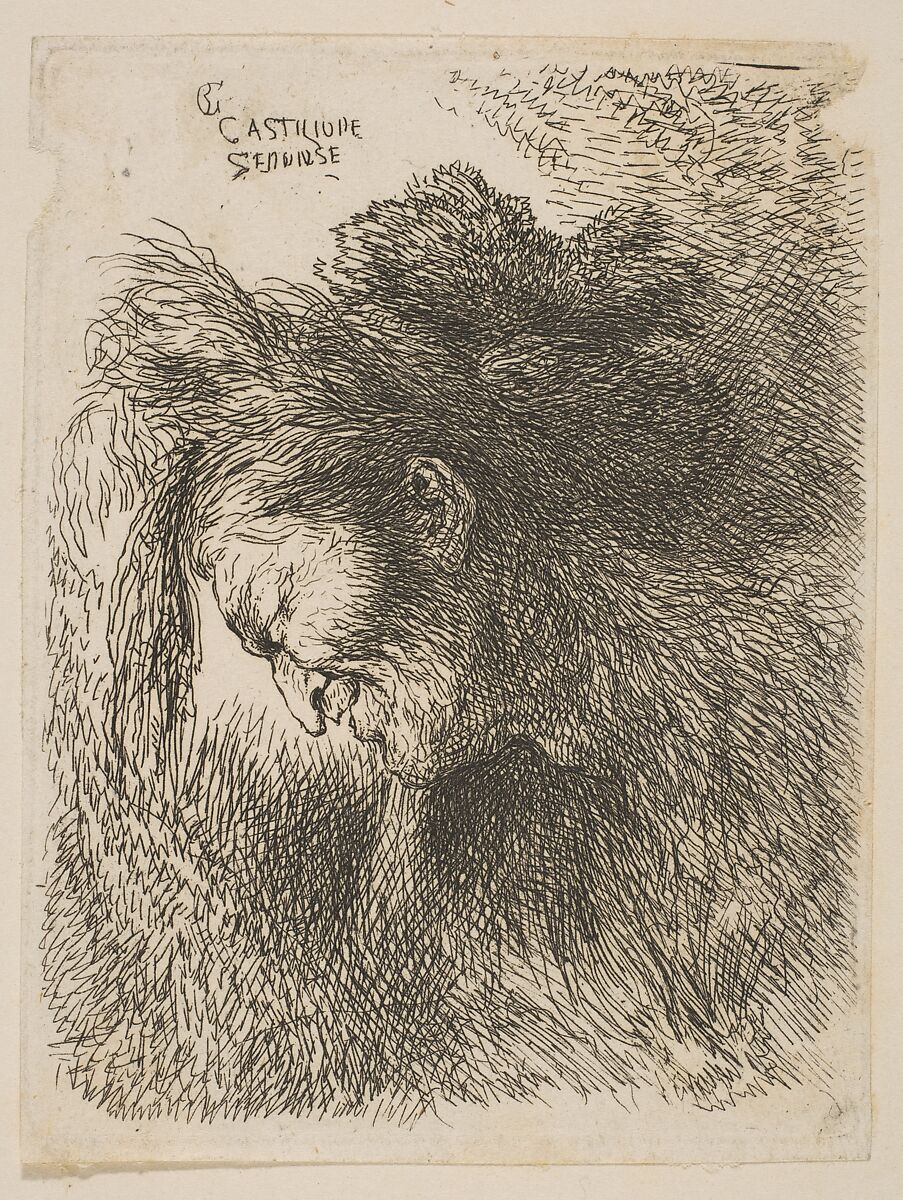 Head of an old man looking down, facing left, from "Small Studies of Heads in Oriental Headress", Giovanni Benedetto Castiglione (Il Grechetto) (Italian, Genoa 1609–1664 Mantua), Etching 
